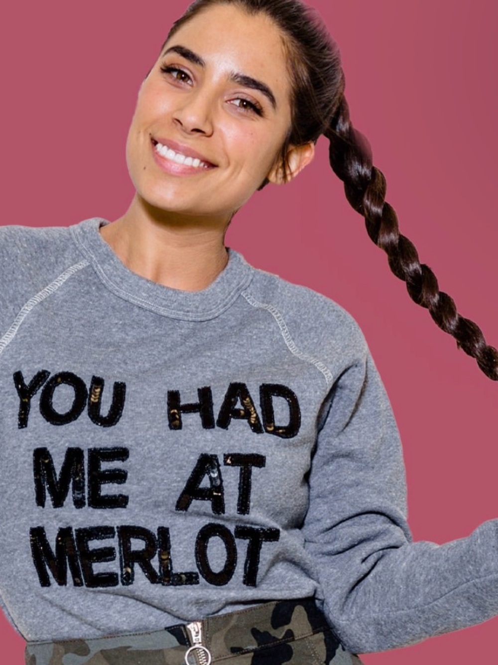 Bow & Drape Gray Sweatshirt with Black Lettering and Pink Accents